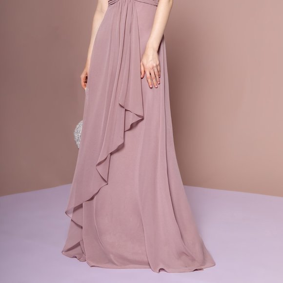 NEW LONG OFF SHOULDER SLEEVELESS A-LINE CHIFFON DRESS WITH ZIPPER BACK GL2666 - Picture 6 of 10